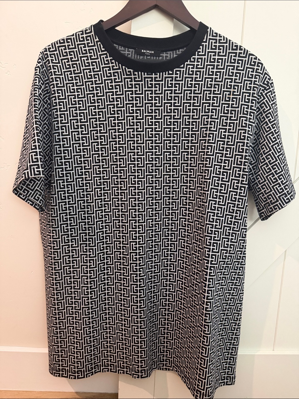 Balmain Black & White Maze-Pattern Short Sleeve Tee